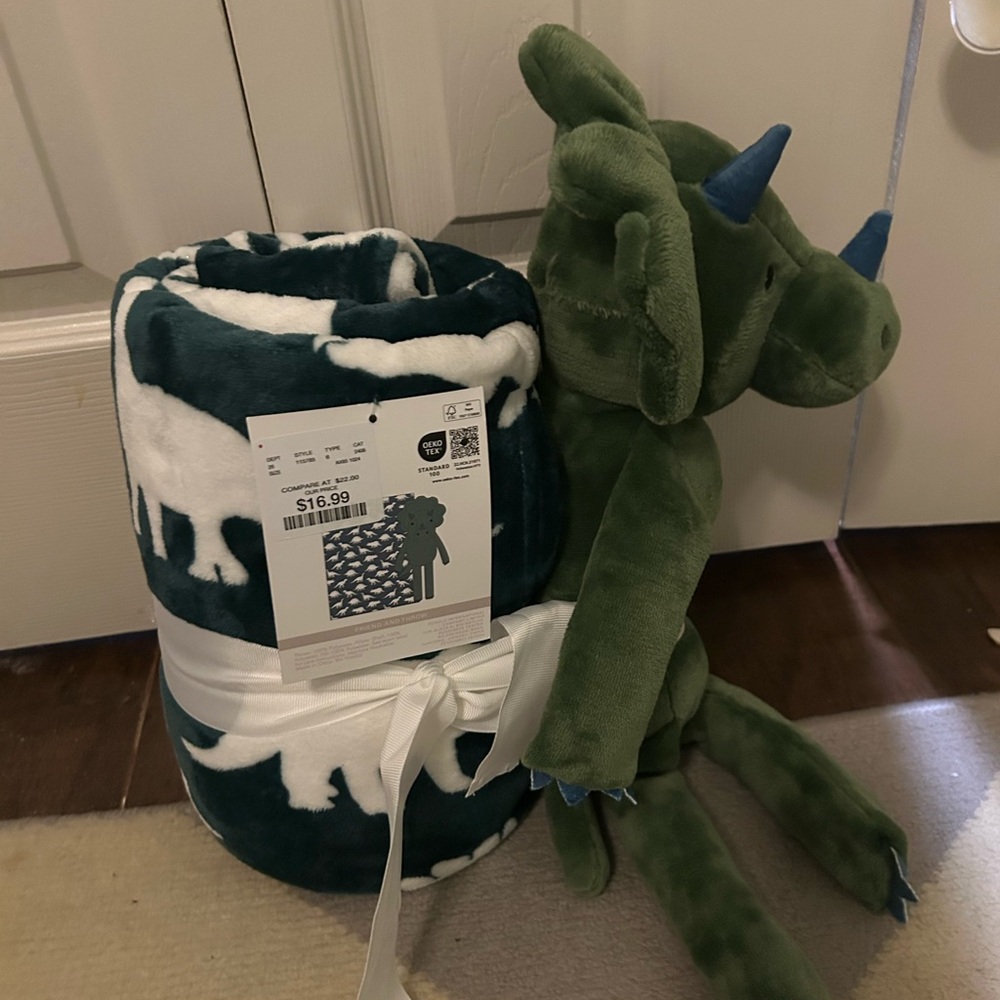 Dinosaur Plush with Blue and White Blanket NWT